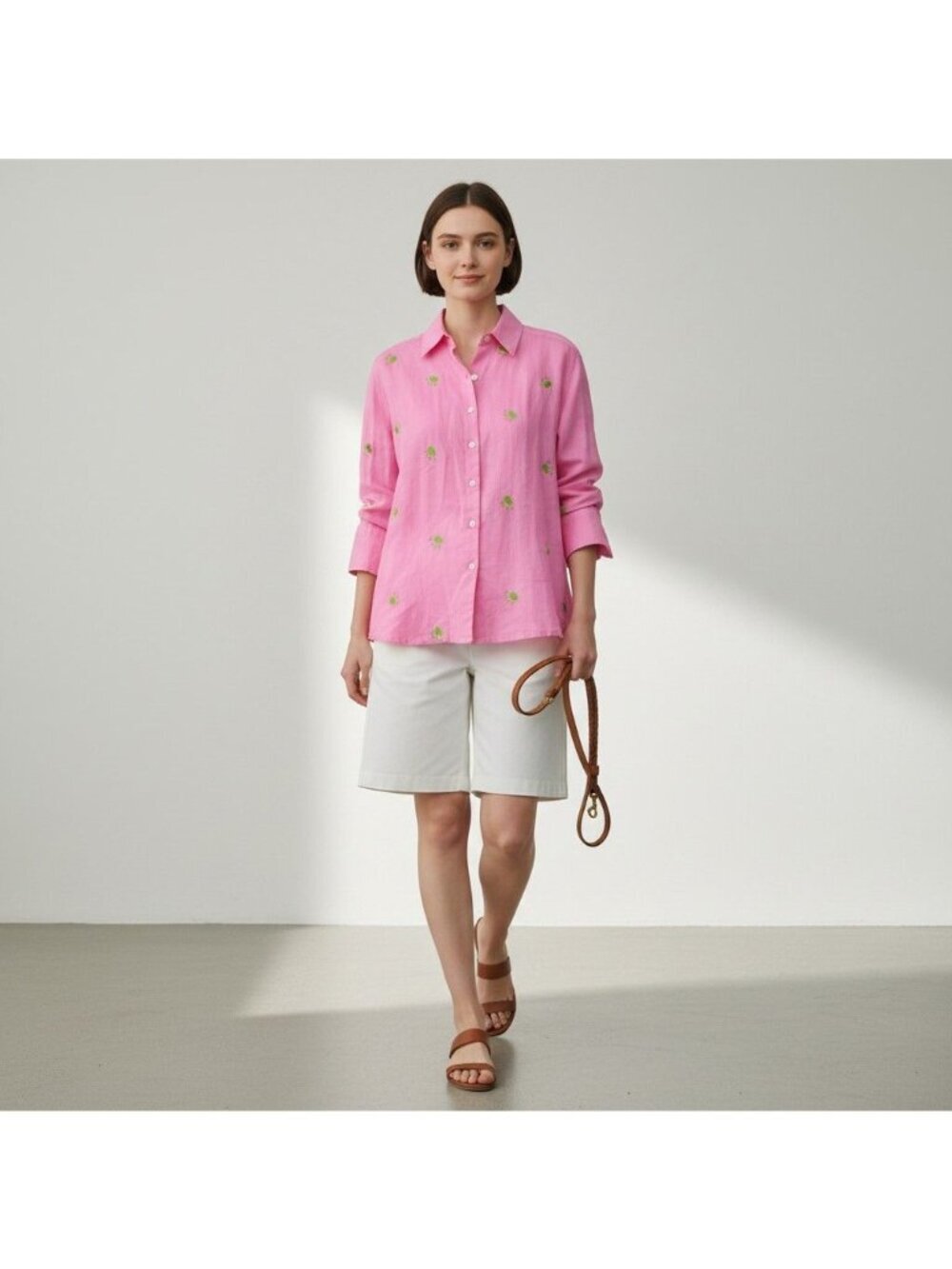 Casey Coleman Womens Pink Linen Paw Print Embroidered Button-Down Shirt Size L